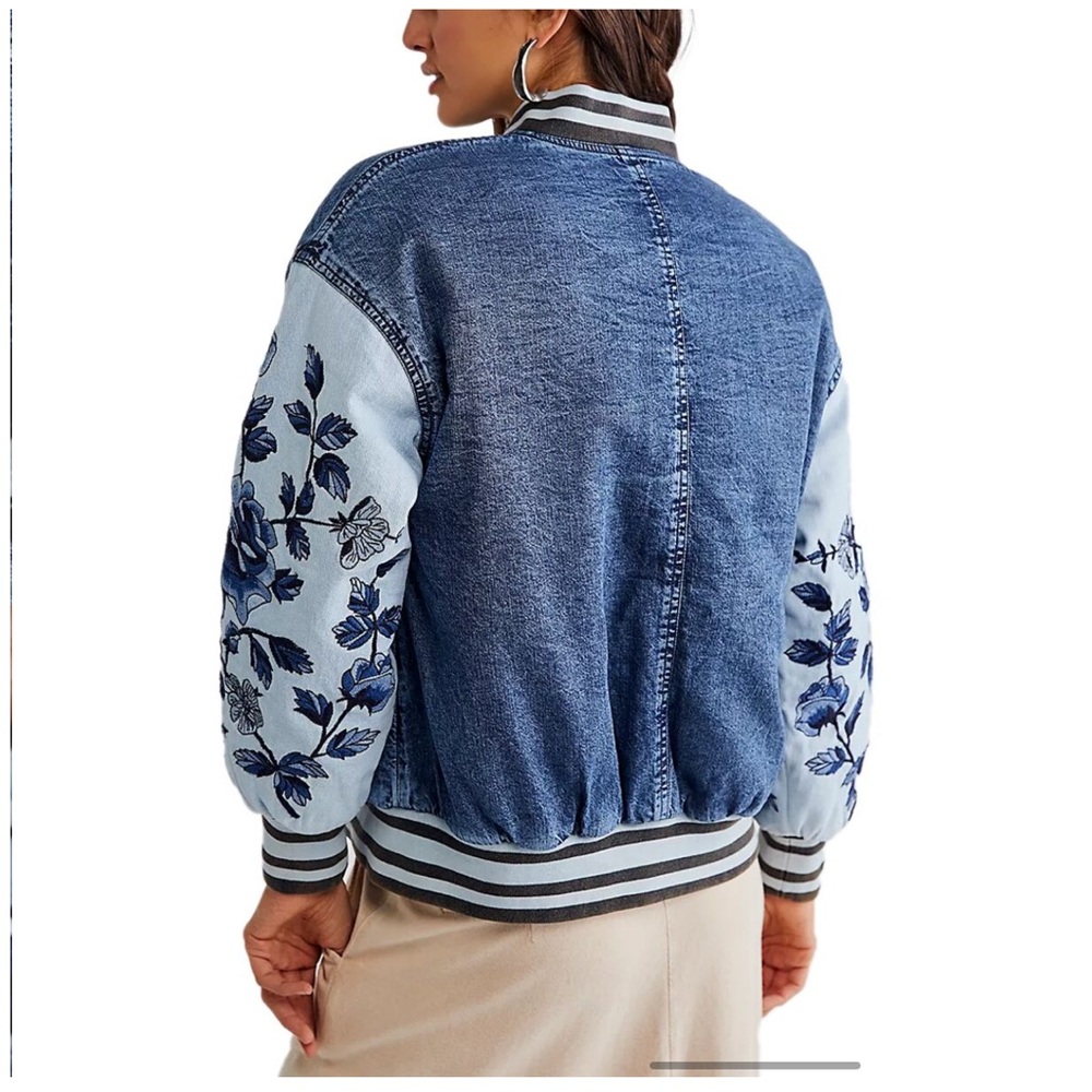 Free People Denim and White Floral Varsity Jacket - Picture 2 of 5
